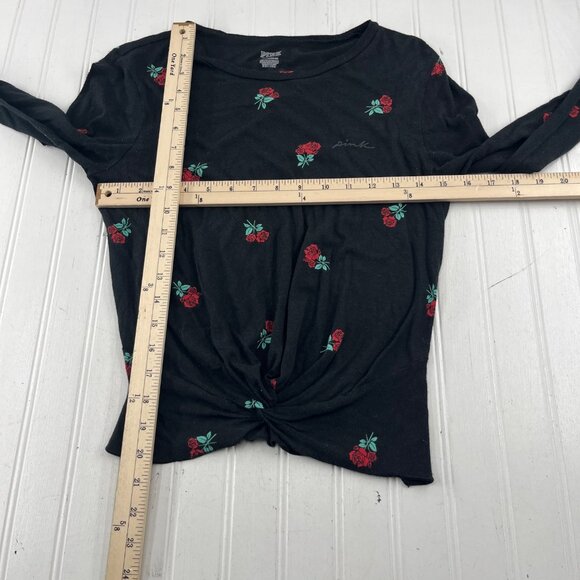 Victorias Secret Pink Rose Print Knot Front Long Sleeve Top S Cotton/Modal Black - Picture 2 of 5